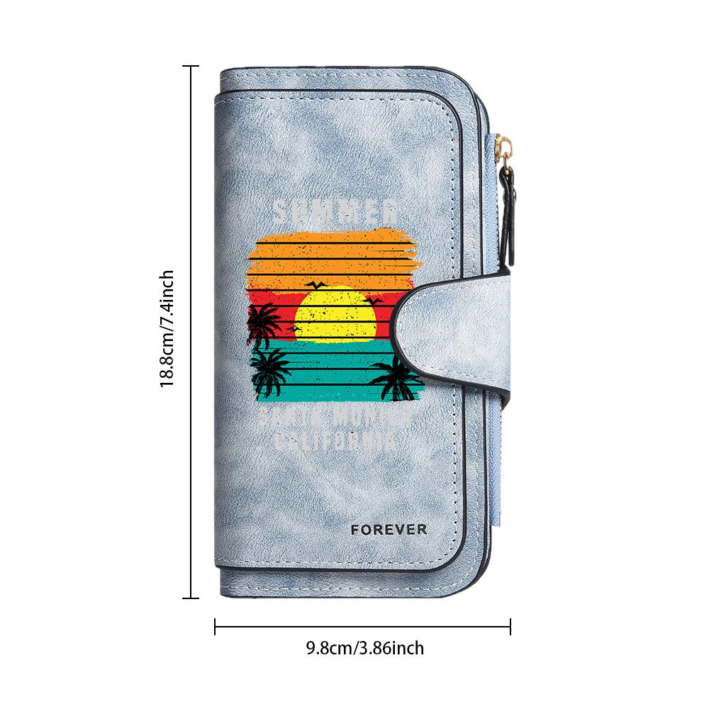 Women Retro Summer Sunset Pattern Long Wallet Large Capacity Card Holder Purse