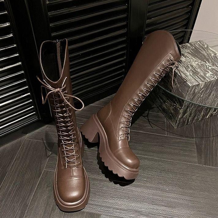 V-mouth thick-soled versatile boots for women 2025 autumn and winter looking thin thick heels but knee knight boots high boots tide