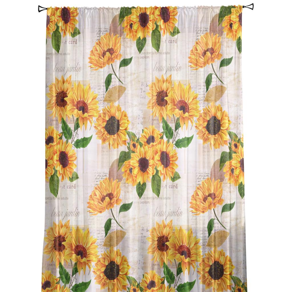 Sunflowers Vintage Newspaper Curtain For Living Room Transparent Tulle Curtains Window Sheer For The Bedroom Accessories Decor