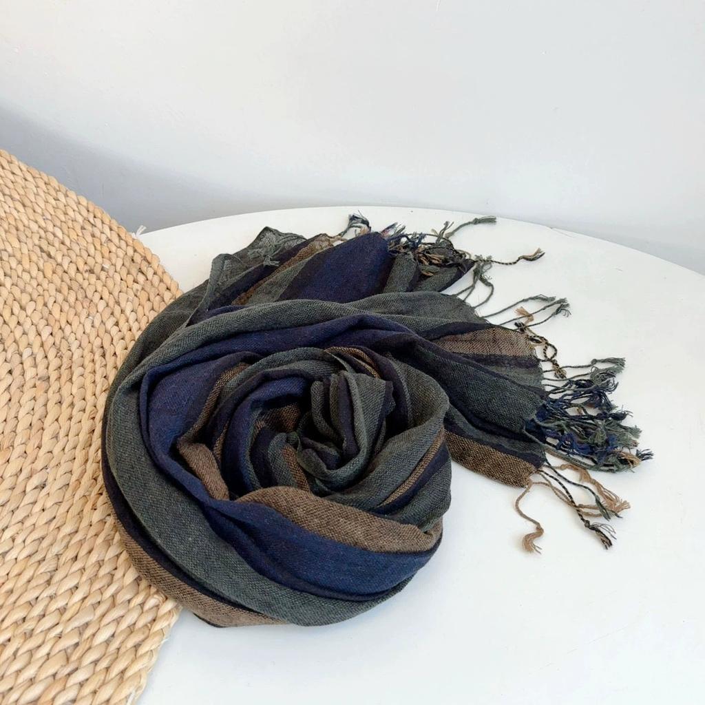 Artistic Style Vintage 45%Cotton and 55% Linen Striped Scarf Women Breathable Korean Soft Scarf and Shawl for Men and Women