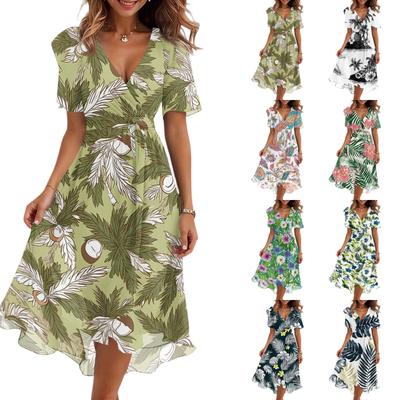 Women Short Sleeve V Neck Floral Print Midi Dress Lightweight Summer Casual Loose Fit Sundress