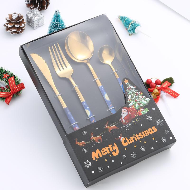 Jule Bestikksett i Rustfritt Stål Kreativ Kniv, Gaffel, Skje Bærbar 4 Deler Middagssett Julegaveeske