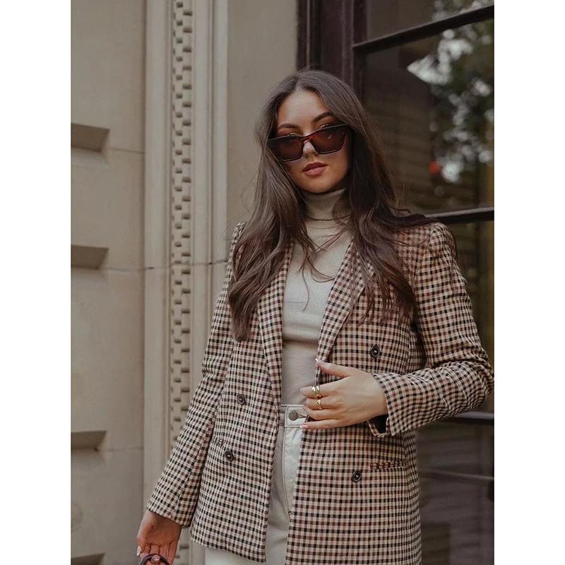 Women Plaid Blazer Autumn Winter Long Sleeve Double Breasted Checked Coat Formal Jacket Suit Lady Outerwear