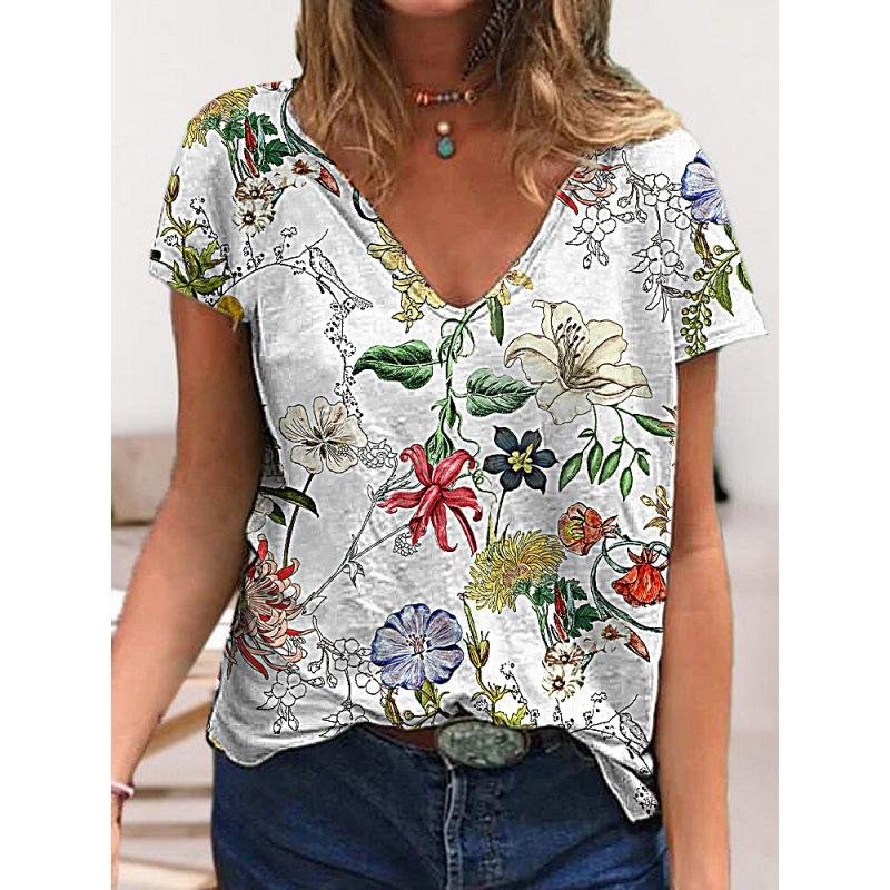 Summer V-neck 3D Flower Printed Top Fashionable Casual Short Sleeved Women's T-shirts