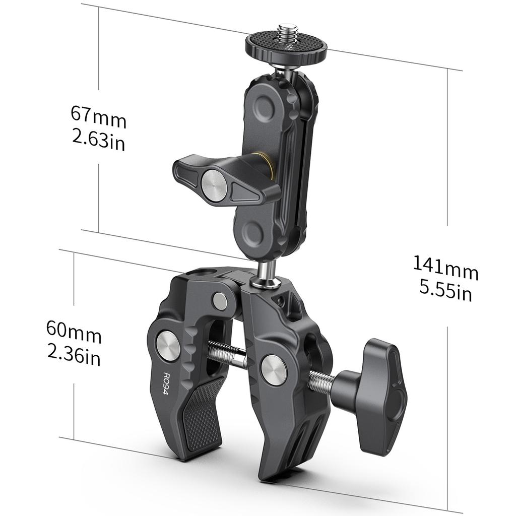 R094 Multi-functional Super Clamp   Mount Clamp Dual 360 degrees  Rotatable  head Aluminum Alloy with 1Celsius4 Inch Screw 3Celsius8 Inch Thread