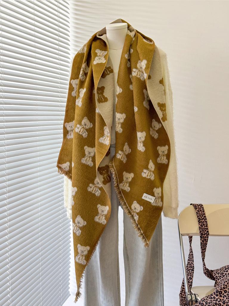 Women's Luxury Faux Cashmere Shawl Cute Teddy Bear Print Winter Wrap with Tassels Pashmina Bandana Style for 