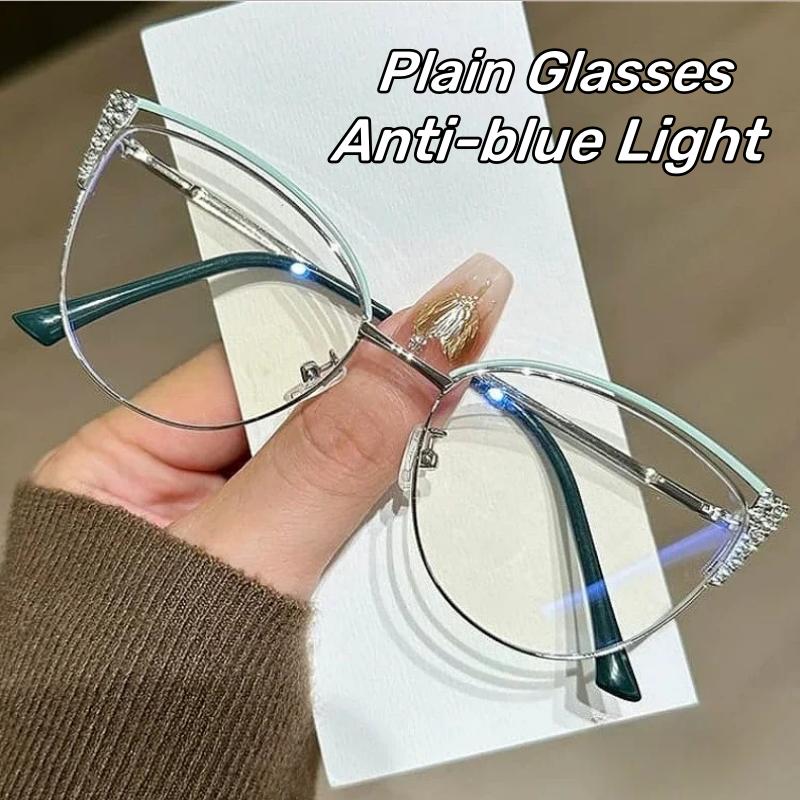 Men's and Women's Fashion Cat-Eye Flat Glasses Metal Frame with Diamonds Luxury Brand Designer Anti-Blue Light Glasses