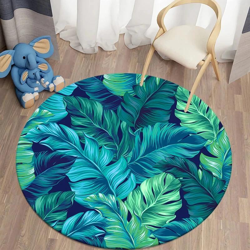 Hawaiian Tropical Leaves Round Carpet Living Room Chair Floor Mat Non-Slip Area Rug for Balcony Table Bedside Sofa Home Decor