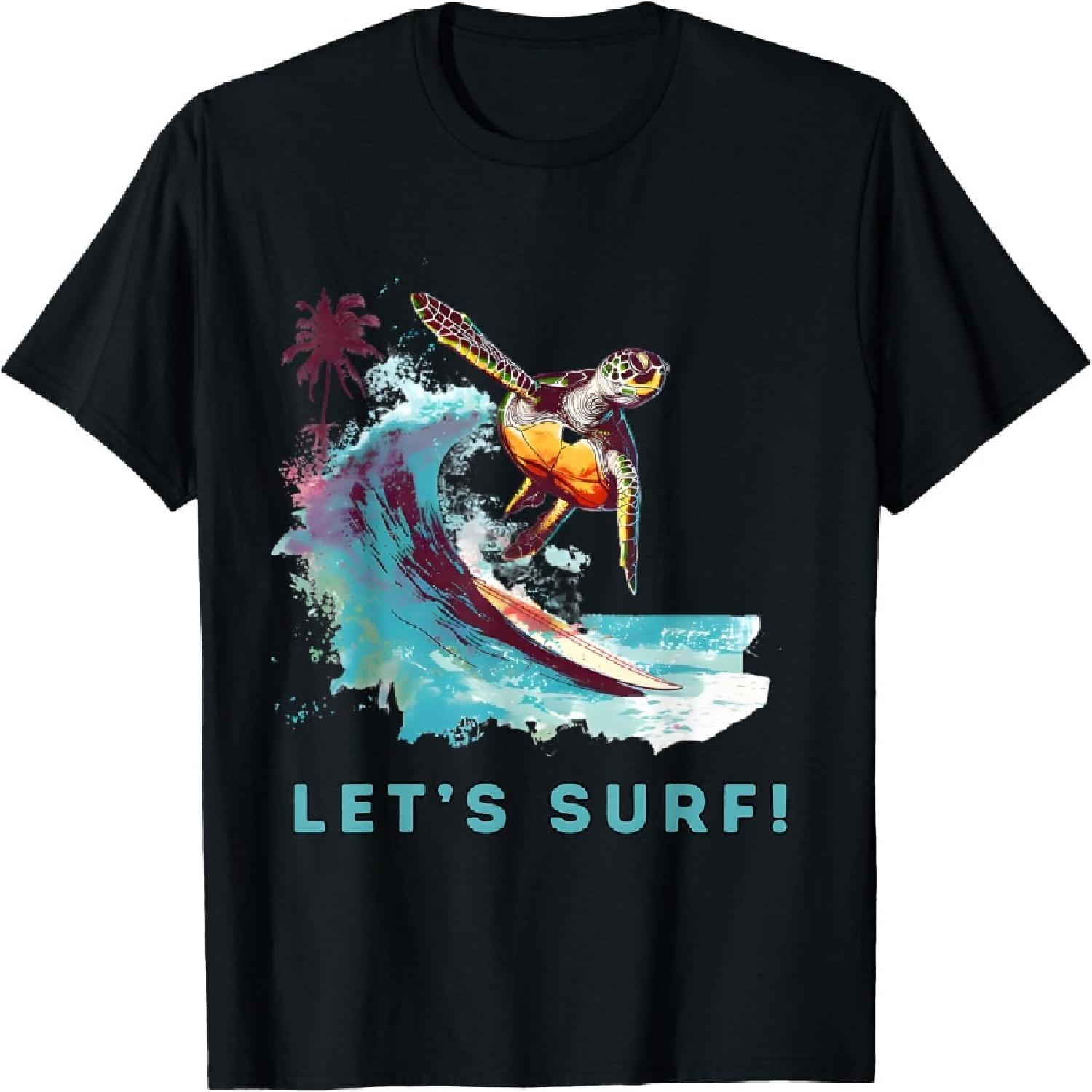 Coastal Retro Surfing Turtle - Let s Surf T-Shirt S