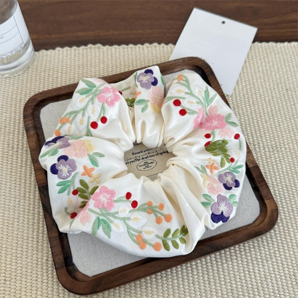 French Style Floral Scrunchies Satin Hair Ropes Temperament Embroidery Hair Scrunchies  Daily