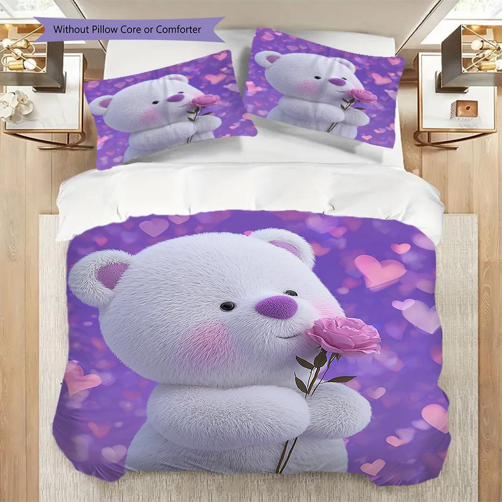 Bear Doll Pattern Bedding Quilt Set Quilt Cover Pillowcase Home Decoration Birthday Gift (1 * Duvet Cover + 2 * Pillowcase, Without Core)