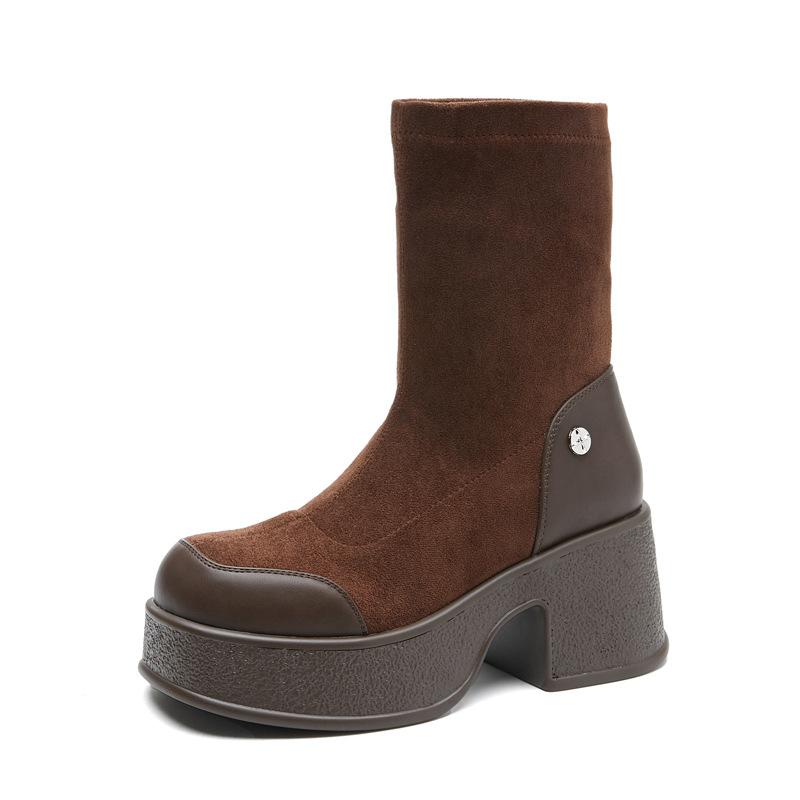 

8570 heightening suede boots women s 2025 autumn and winter new Korean version knee boots fashionable versatile elastic thin boots 39 коричневый