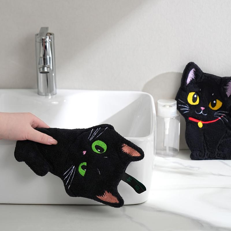 Cartoon Black Cat Hand Towel Animals Shape Absorbent Hand Cloth Kitchen Cleaning Wipe Cloth Kid Bathroom Hanging Towel