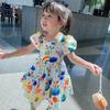 Children's Dress Summer Girls' Dress Cute Graffiti Kids Dress Square Collar Puff Sleeves Backless Dress