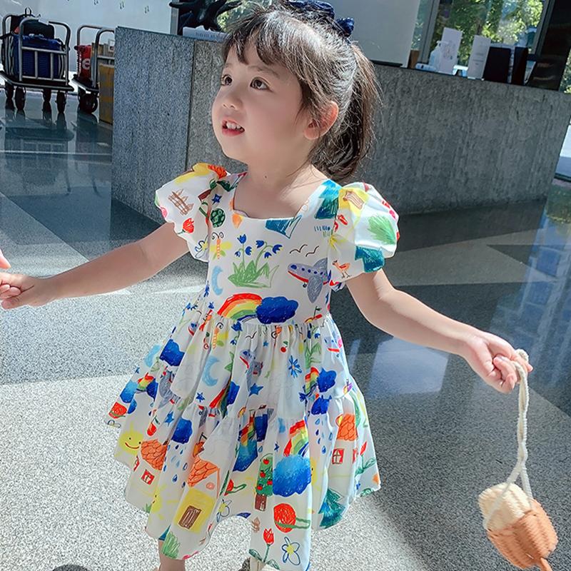 Children's Dress Summer Girls' Dress Cute Graffiti Kids Dress Square Collar Puff Sleeves Backless Dress