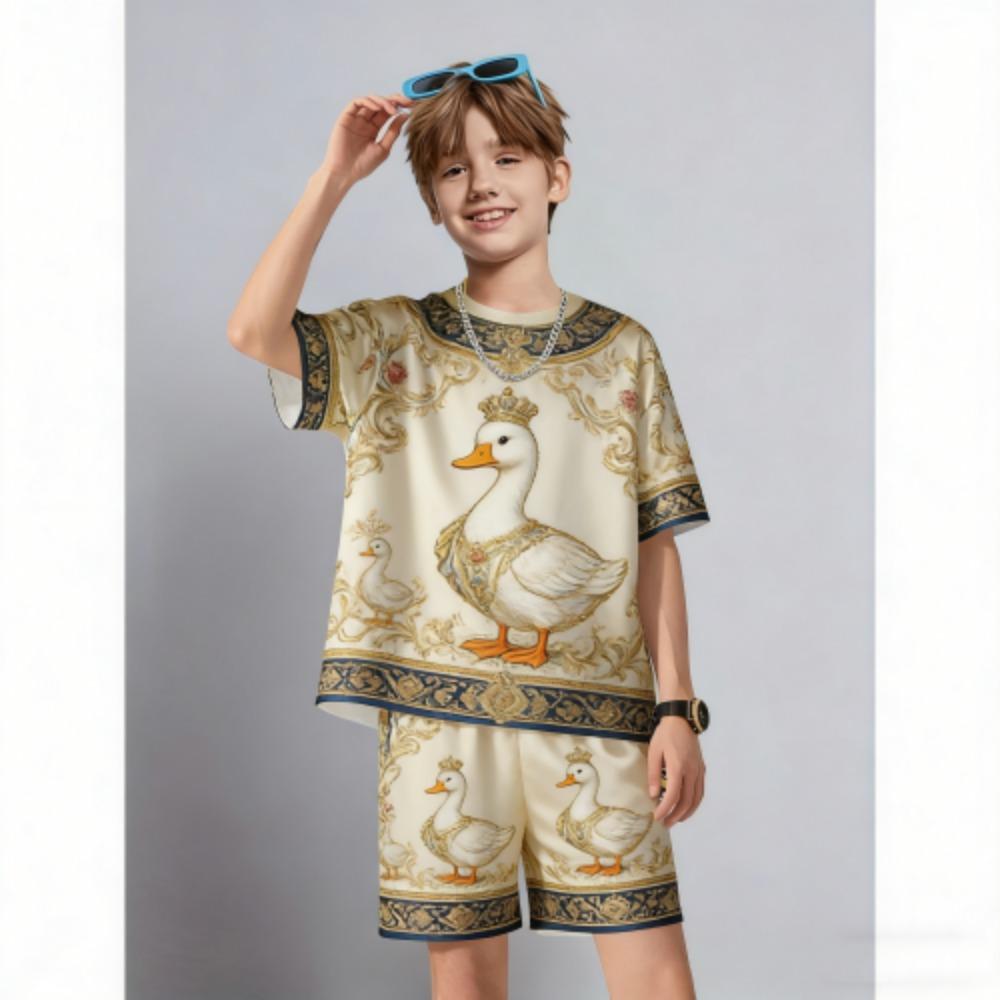 Summer Men s Set Fashion Fun Animal Duck Printed Men s T-shirt and Shorts 2 Piece Set Summer Casual Outdoor Men s and Women s Outfit XXS
