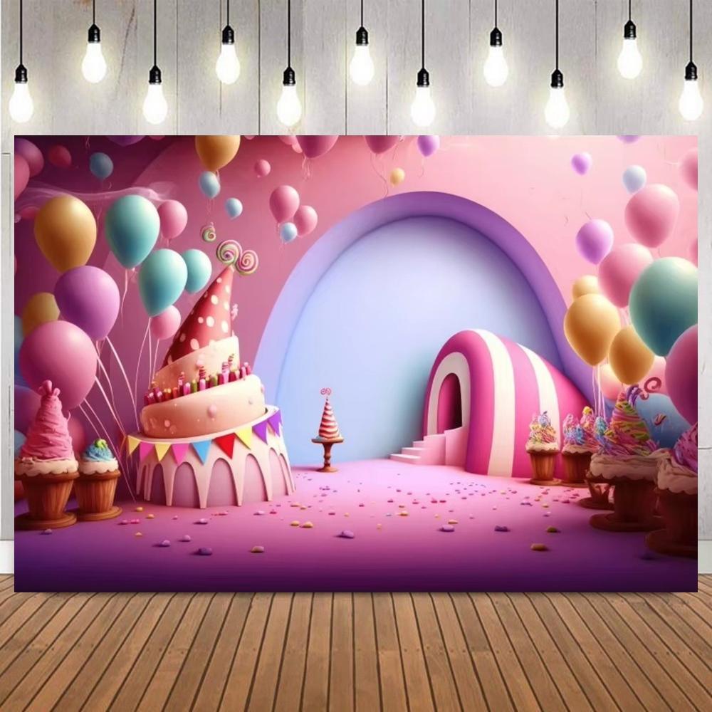 Sweet candy ground photo background, colorful lollipops, donuts, cake ice cream, children birthday party photography background