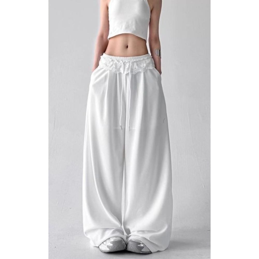 

Lace Splicing Jazz Dancing Fart Curtain Pants Niche Loose and Thin Black Sports Casual Wide-leg Pants Black Wide-leg Pants XXL білий