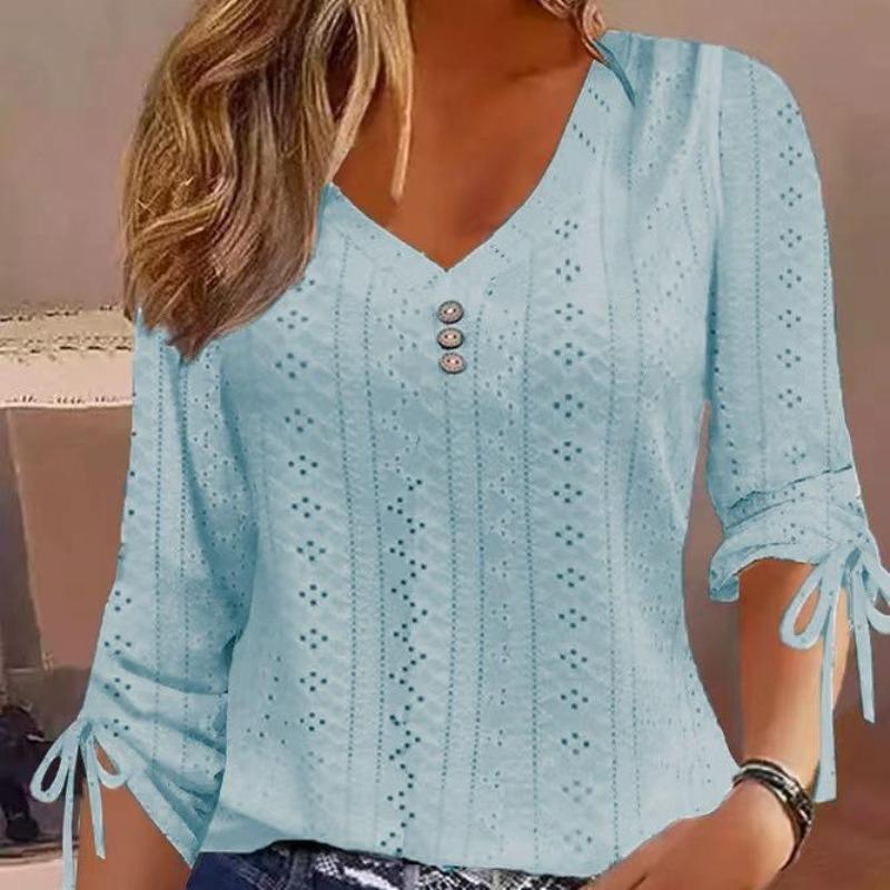 EastRogue Women's Fashion Casual Summer Solid Color Print Long Sleeve V-Neck Jacquard Button Loose Blouses & Shirts
