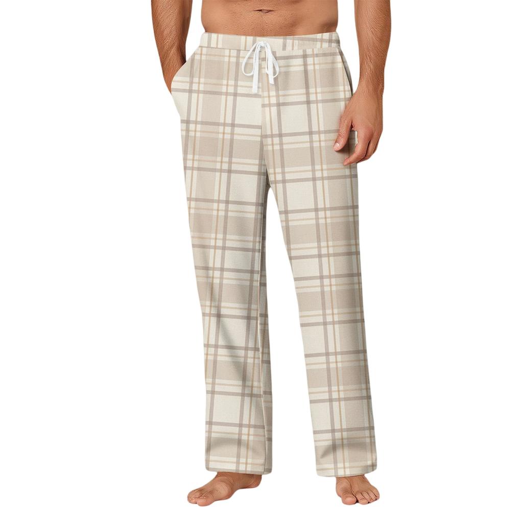 Men's Drawstring Pocket Casual Pants Plaid Stripe Print Pocket Casual Pants Home Pajama Pants