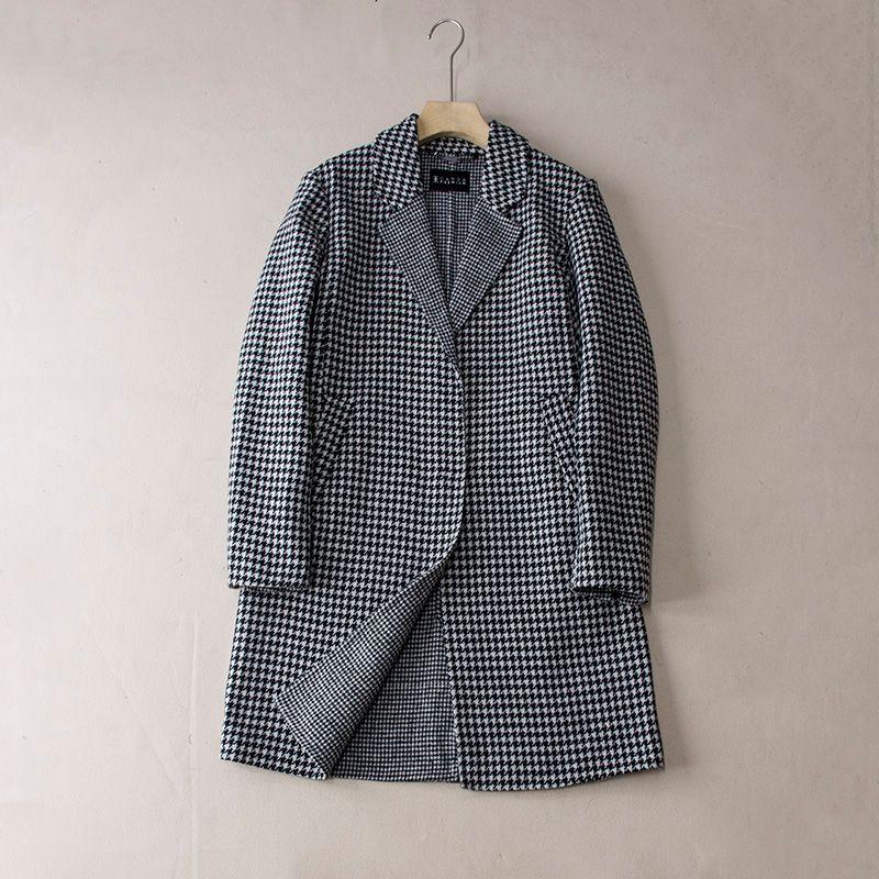 

Благородное и Элегантное Содержание Шерсти 30% Женская Одежда Осень и Зима Гусиная Лапка Средней Длины Длинное Пальто из Шерсти Большого Размера Black and white houndstooth 44