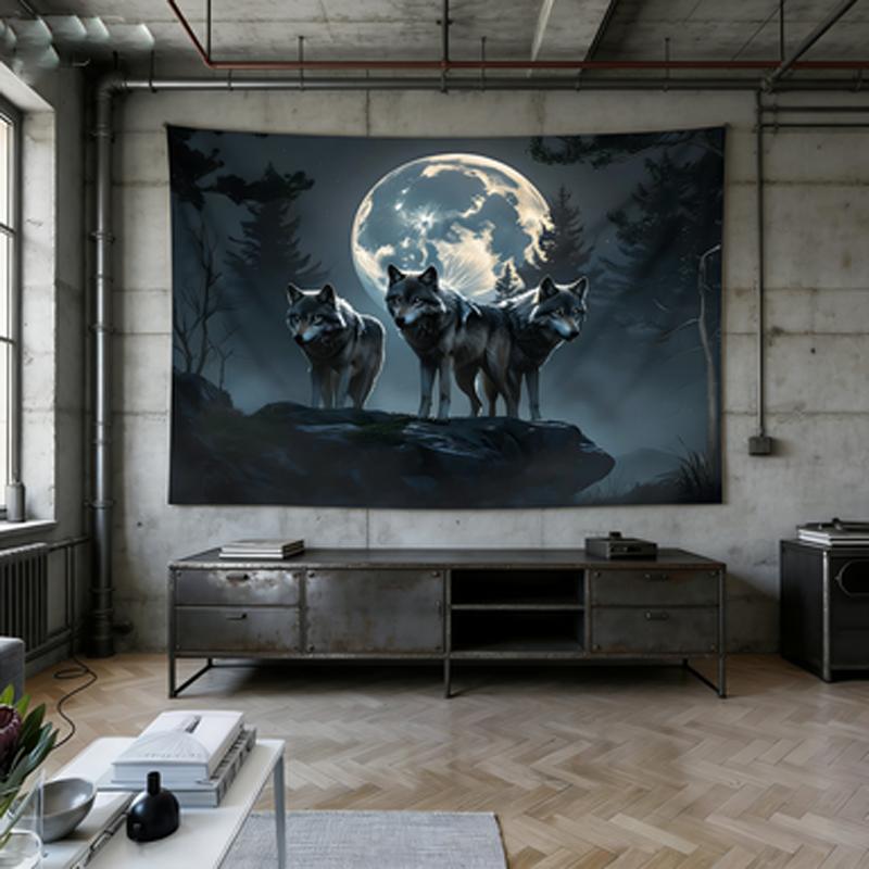 Wolf Moon Full Moon Tapestry with Wolves In Forest Night Scene Wall Hanging Peach Light Beige Fabric Indoor Living Room Decor 100X70CM