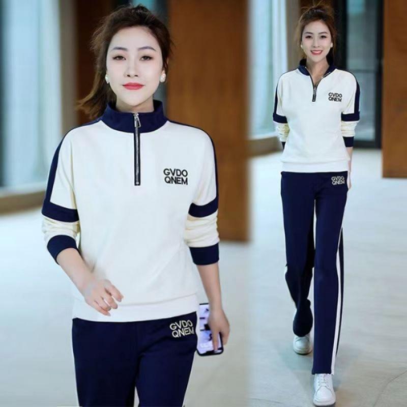 Spring and Autumn Women's Thin Korean Version Loose Stand-up Collar Color-blocked Wide-leg Pants Sportswear Casual Suit Two-piece Set