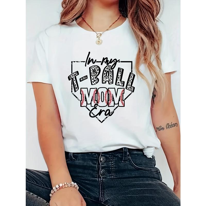 

European Size Women s Funny In My T-Ball Mom Era T-Shirt - Leopard Print Mom Graphic Tee with T-Ball Design, Casual Short Sleeve Round Neck Top 4XL білий