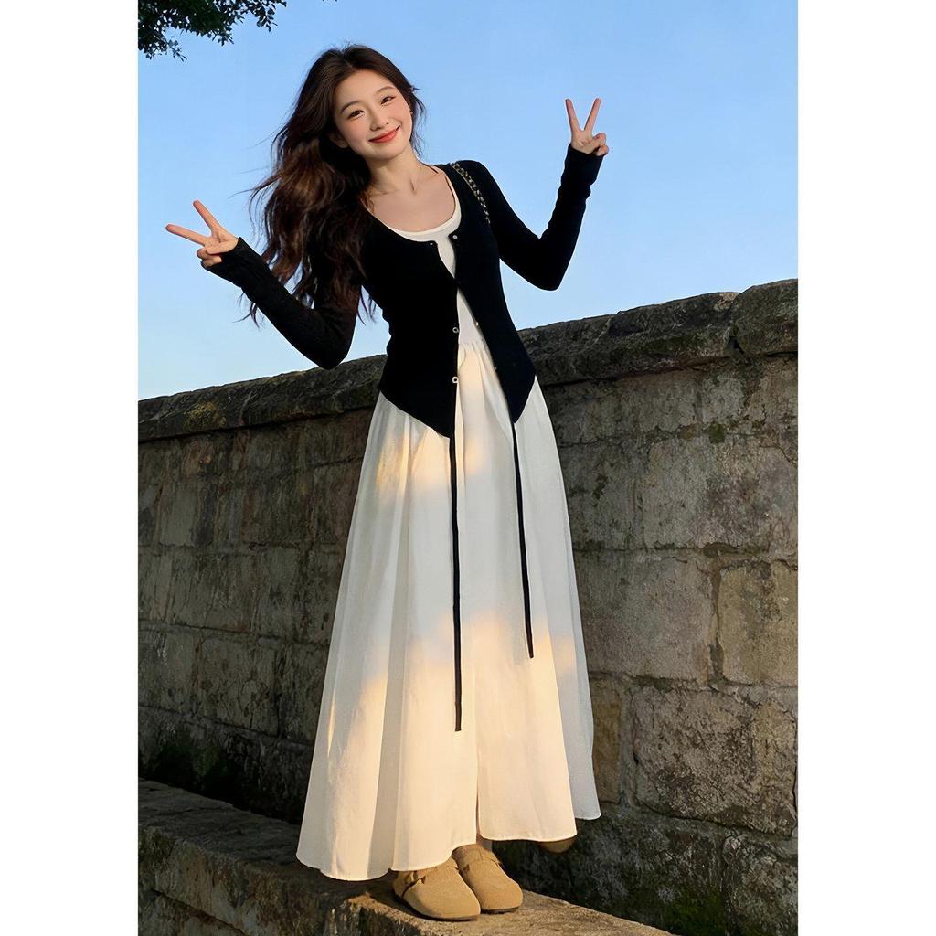 Spring 2026 OOTD: Two-Piece Set with Irregular Long Skirt, Cardigan, and White Camisole Dress