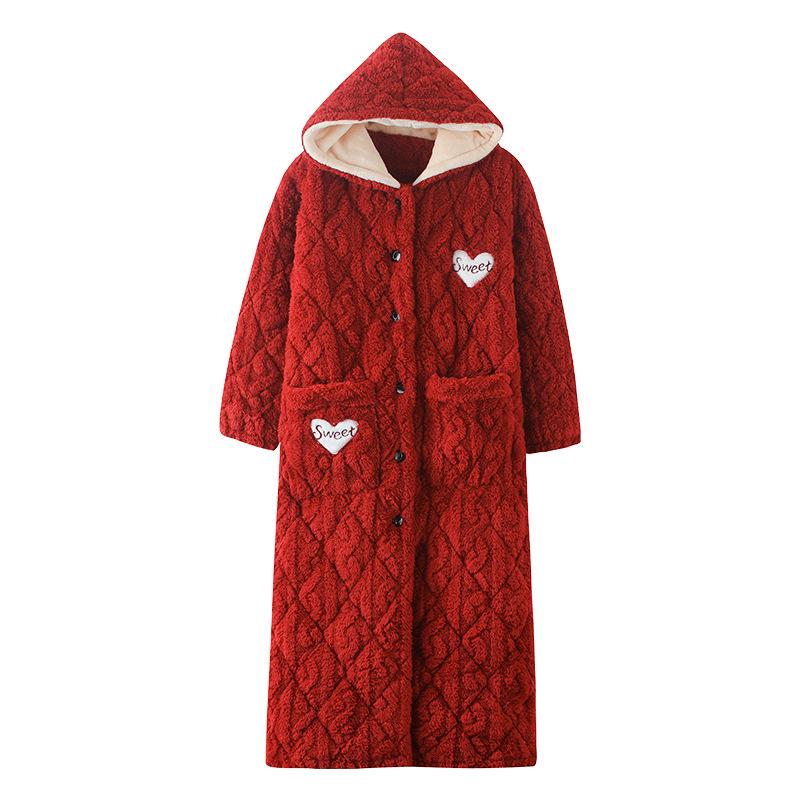 

Жіночий довгий стьобаний флісовий халат з капюшоном - Товстий, теплий і на ґудзиках для осені/зими Size XXXL