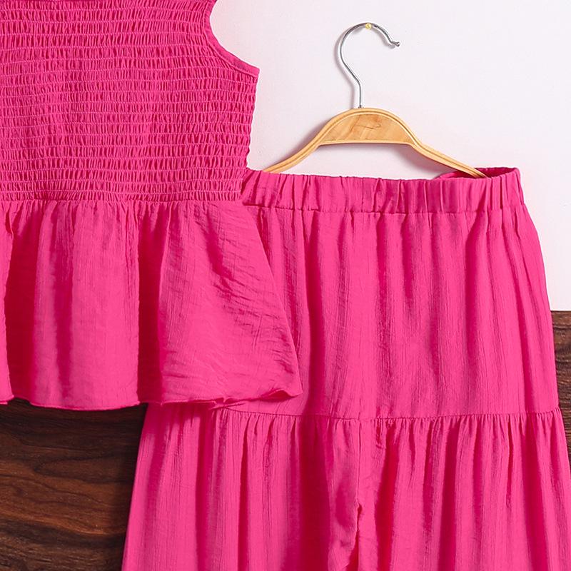 2025 Summer Girls' Spaghetti Strap Top & Wide-Leg Pants Two-Piece Set - European & American Style for Middle & Big Kids
