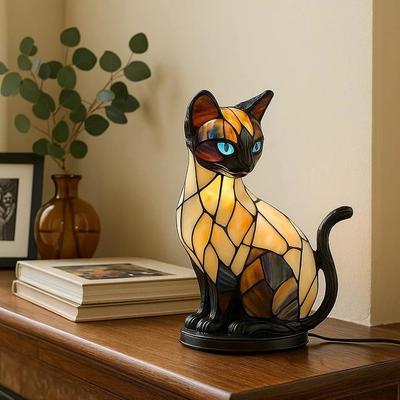 Cute Cat Lamp Stained Glass Retro Led Stained Resin Tabletop Night Light Bedroom Atmosphere Lights Gift For Dog Cat Lovers
