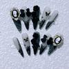 10Pcs Retro Black Rose Cat Eye Press On Nails Luxury Pearl Diamond Butterfly Long Stiletto False Nails