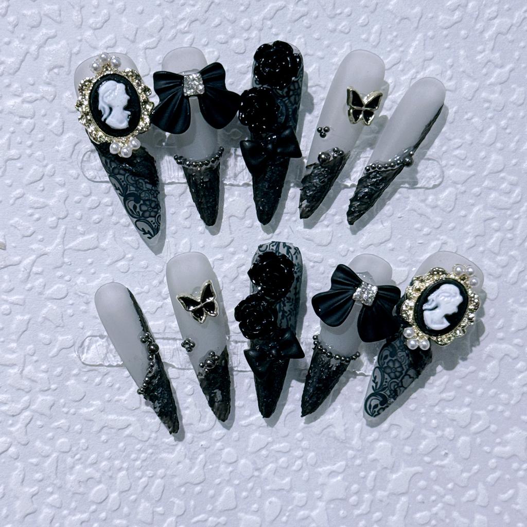10Pcs Retro Black Rose Cat Eye Press On Nails Luxury Pearl Diamond Butterfly Long Stiletto False Nails