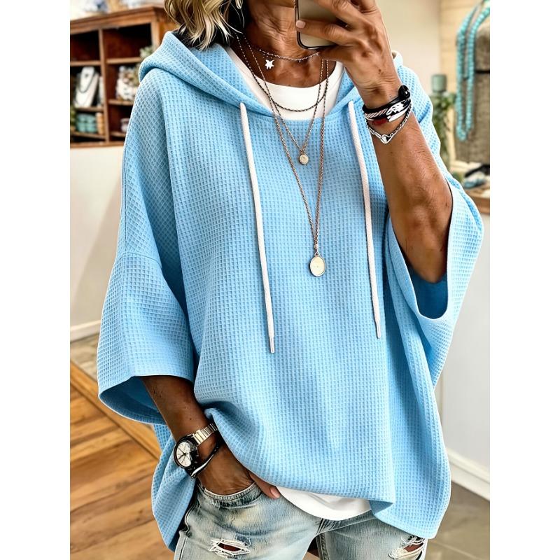 Plus Size Women's Waffle Hooded Sweatshirt Three Quarters Drop Sleeves
