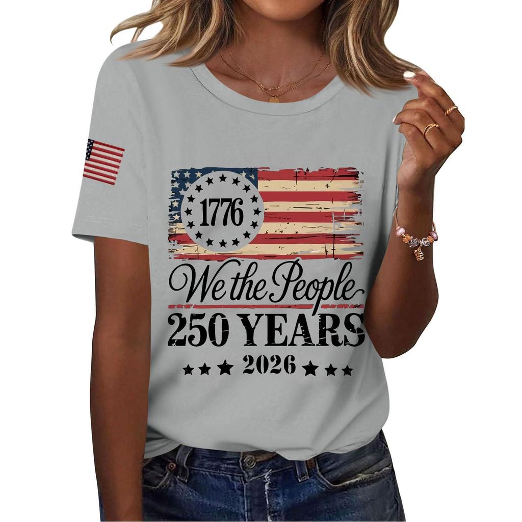 Women Casual Independence Day Print Crew Neck Short Sleeve T-Shirt Top Lightweight Comfortable Fit Stylish Design Summer Wear
