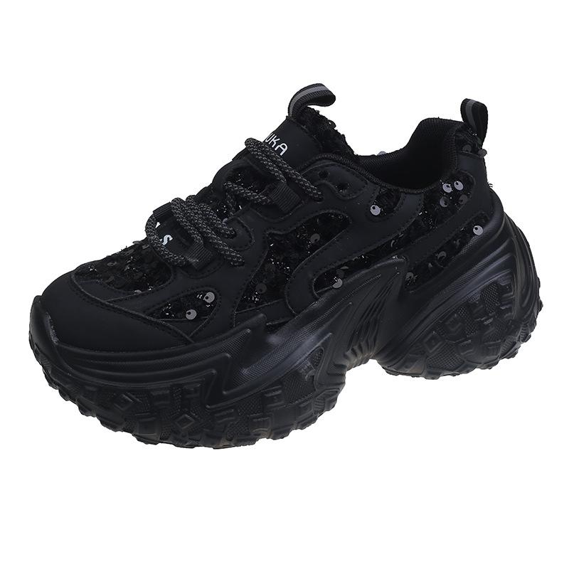 

Daddy shoes women s 2025 new mesh sequins shoes with wide-leg pants platform tire durian sneakers tide 35 чёрный