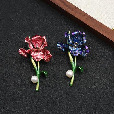 Classic Enamel Iris Brooches for Women Unisex Pearl Plant Tulip Pins Casual Party Accessories New Gifts Friends Decoration