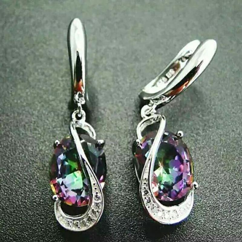 

Colored stone earrings, medium length, elegant oval shaped earrings, European and American personalized pendants