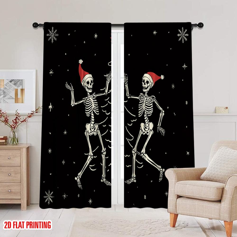2 Stück, 2D-Flachdruck Vorhang Beliebte tanzende Skelette mit Weihnachtsmützen Vielseitig Strapazierfähig Polyester (ohne Stange) Art Deco