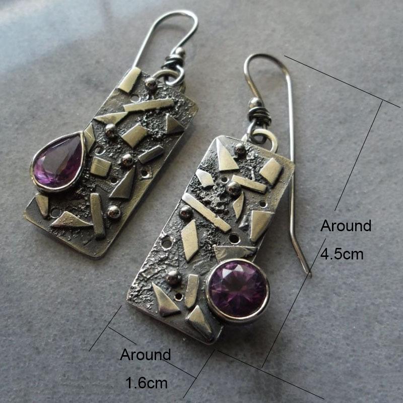 Asymmetrical Antique Silver Ethnic Style Amethyst Earrings