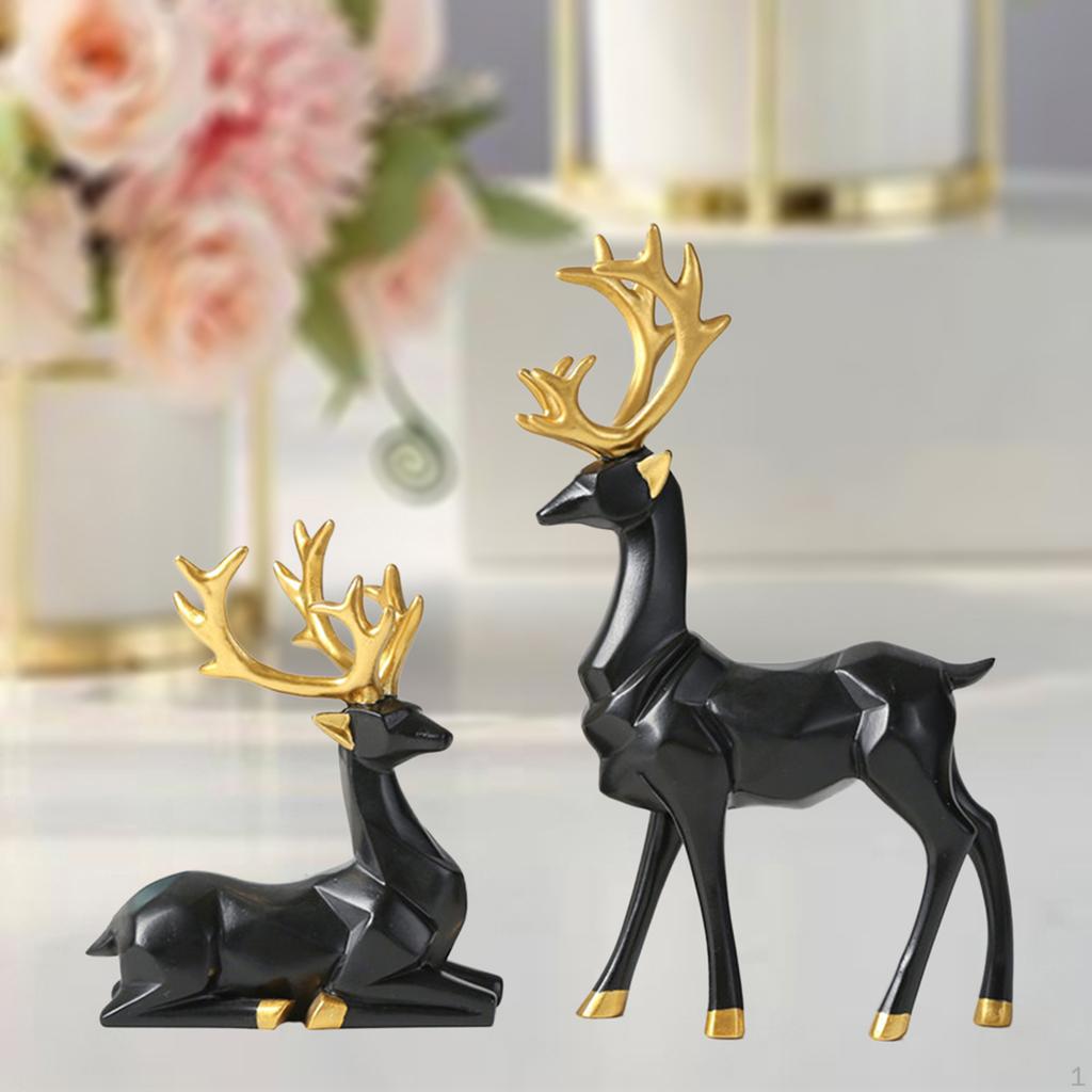 2 PCS Nordic Resin Geometric Elk Sculpture Sitting Standing Deer Statues for Living Cabinet