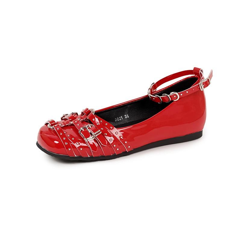 Ballet flats women's spring new leather retro single shoes inner height increase rivet shallow mouth Mary Jane shoes