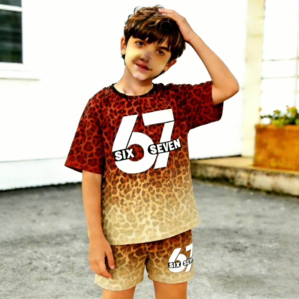 Fashion Leopard 67 Colorful Gradient Printed Kids T-shirt and Shorts 2 Piece Set Summer Casual Outfit for Boy's and Girl's Kids Clothing Top