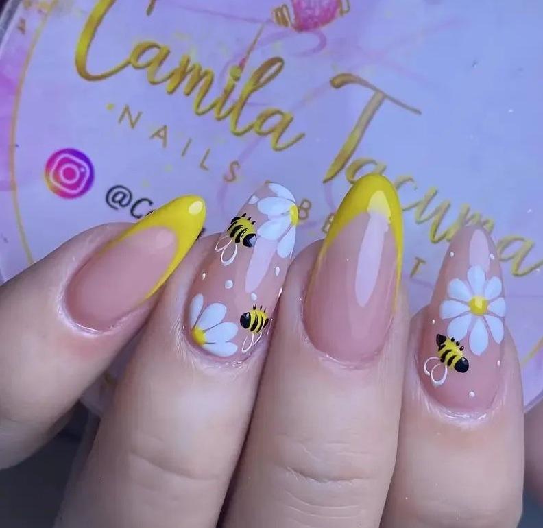 

24 шт. носимых накладных ногтей: Французский дизайн с пчелами и горошком, накладные ногти Yellow Jelly Glue + Buffer (Temu/Tiktok)