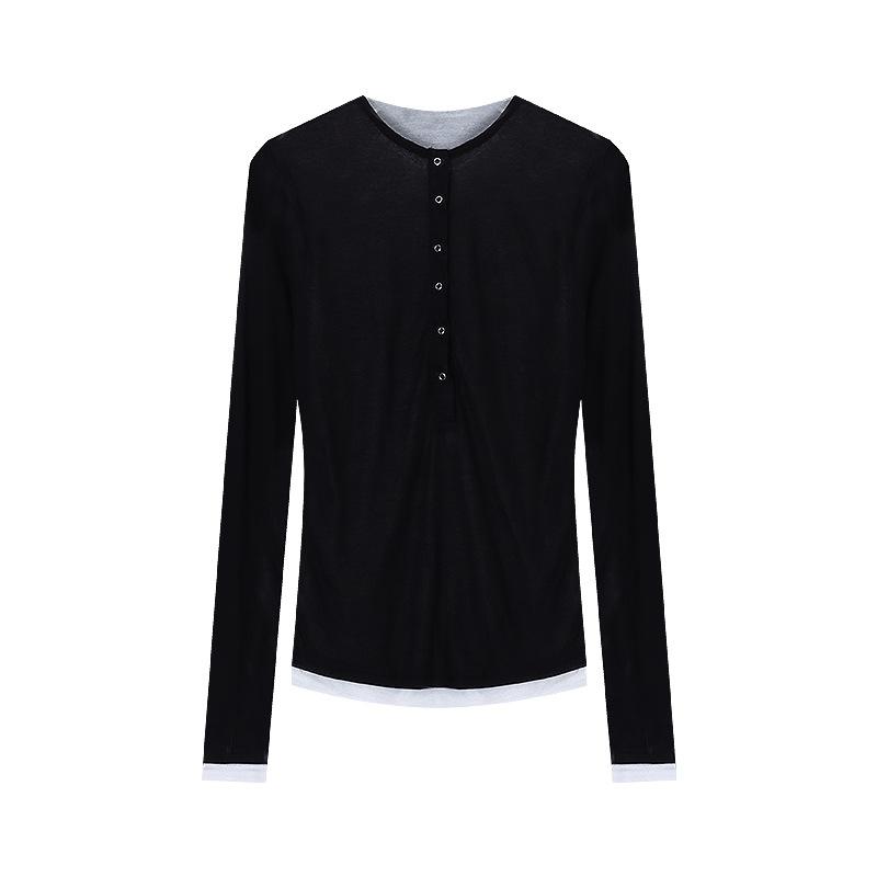 

Весна Осень Поддельный Двойной Слой Повседневный Модный Пуловер Топ Женский С Длинным Рукавом Лоскутная Футболка На Все Случаи Жизни S чёрный