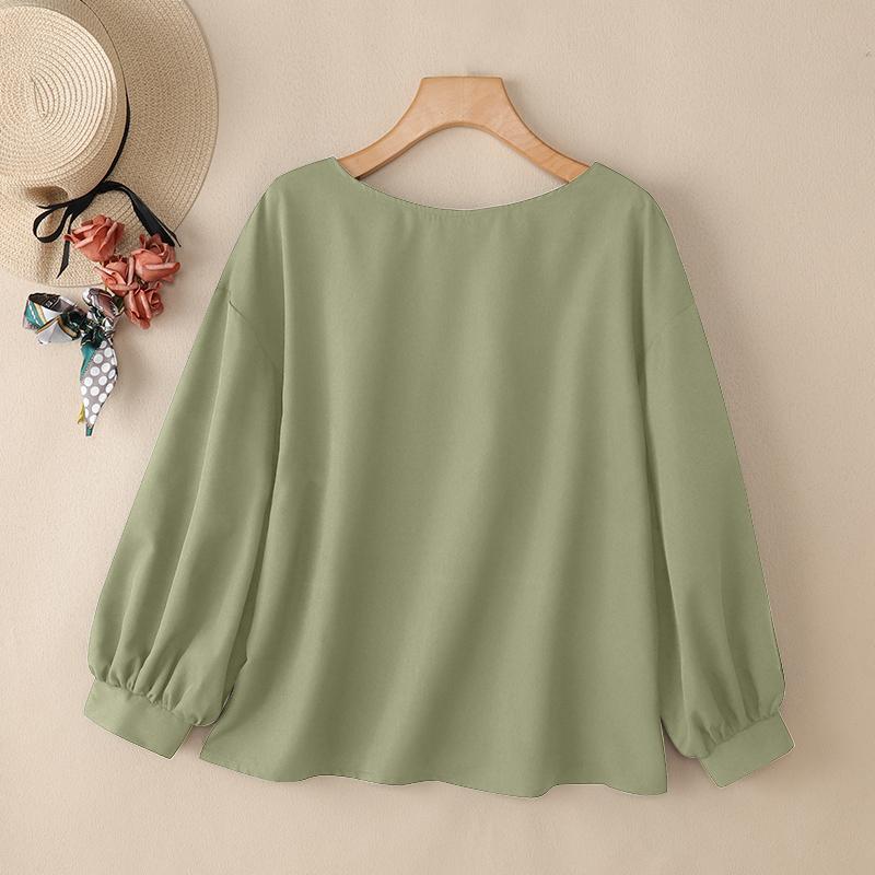 

ZANZEA Женская свободная повседневная блузка с круглым вырезом, однотонная, с длинным рукавом 3XL зелёный