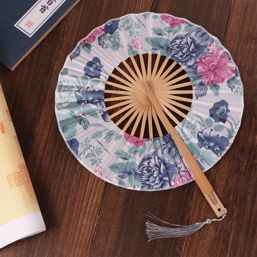 Round Folding Hand Fan Bamboo Handle Hand Circular Fan Home Decor Chinese Fans  Summer Decor