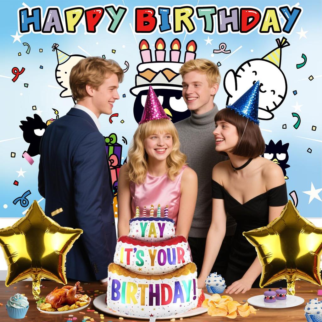 Bad Badtz-Maru Birthday Tapestry, Birthday Decorations, Die-Cut Balloons, Aluminum Balloons, Hairband, Wall Hanging Photo Backdrop, Photo Background,