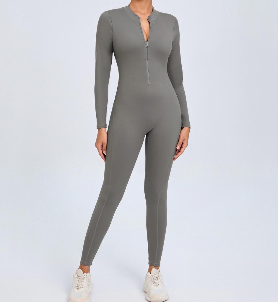 Evropský a americký overal na jógu s dlouhým rukávem na zip - Dámské fitness body s pocitem nahoty